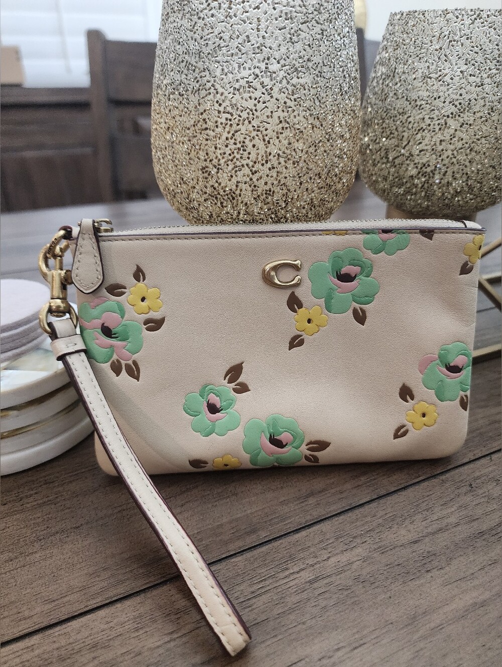 Coach Leather Beige Floral Wristlet